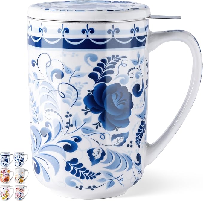 Gbhome Tea Mug with Infuser and Lid, 18 Ounce Large Ceramic Loose Leaf Cup, Microwave, Dishwasher Safe, Perfect For Tea Lovers