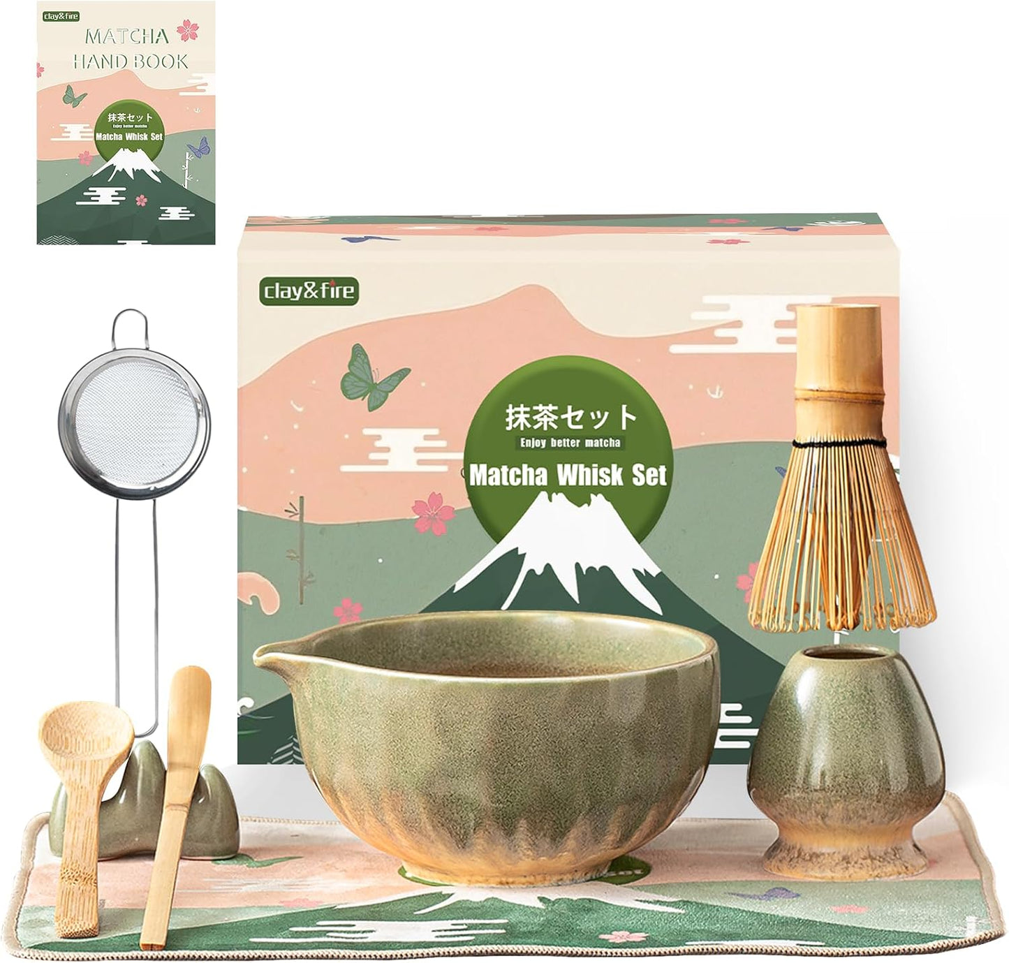 Clay&amp;Fire Matcha Whisk Set, 9 Pcs Ceramic Matcha Set(YB-Green) | Matcha Bowl with Spout and Whisk, Matcha Tea Kit for Matcha Lovers, Ideal Gift for Friend