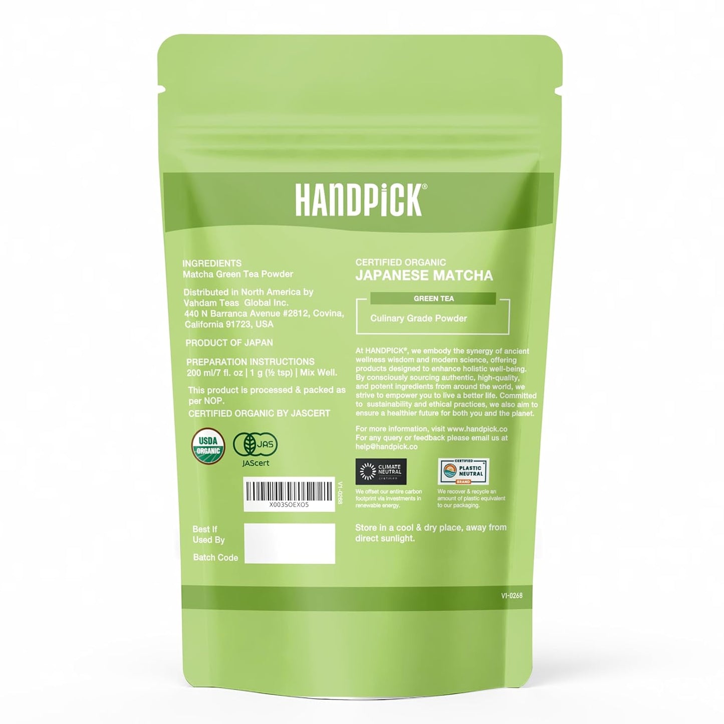 HANDPICK Japanese Organic Matcha Green Tea Powder (100 Servings) - Sourced from Japan | Authentic Premium Harvest | Resealable Ziplock Pouch