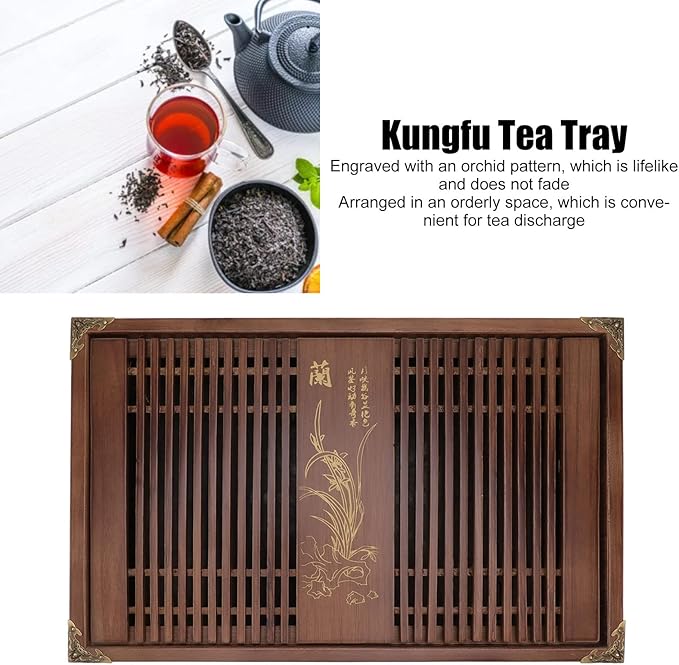 11.0X16.9in Gongfu Tea Tray, Drainage Water Storage Orchid Pattern Wooden Tea Serving Tray