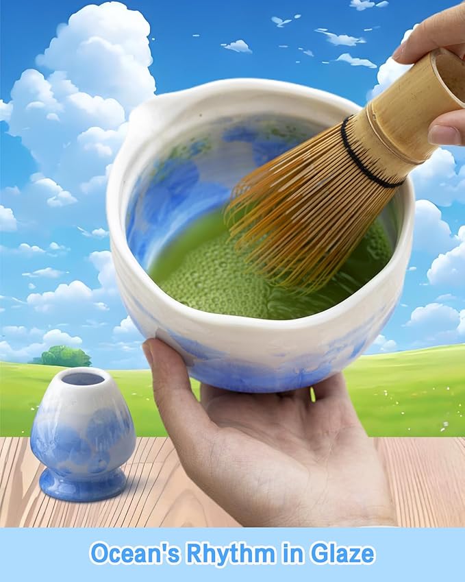 Natural Crystal Flower Matcha Set - 4 Pcs Food Grade Matcha Kit with Spouted Bowl, Matcha Whisk, Scoop and Chasen Holder