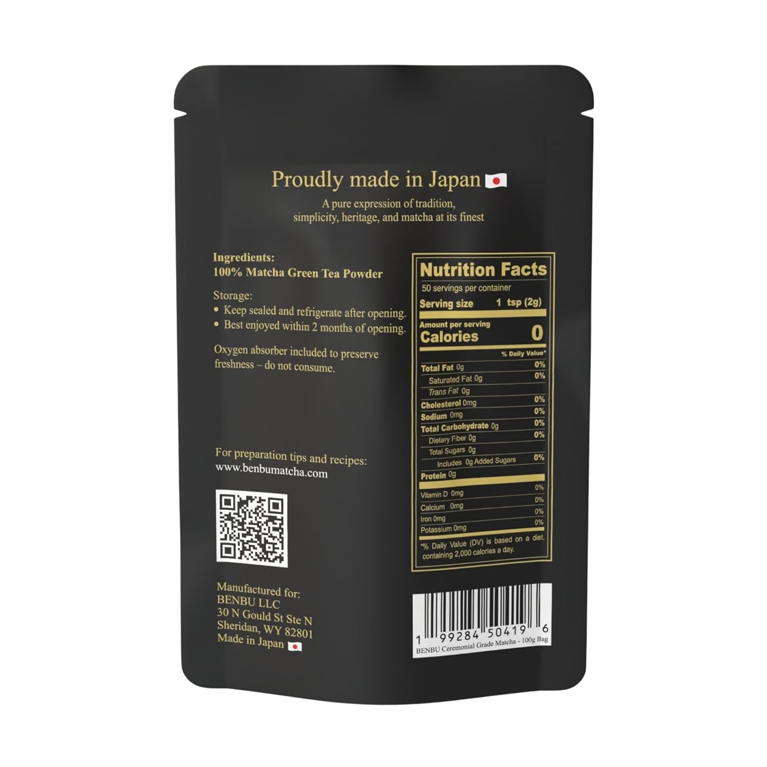 BENBU Matcha Powder - Ceremonial Grade, First Harvest, Stone-Milled in Japan, Authentic Japanese Green Tea, No Additives, 3.5 oz (100g) Pouch