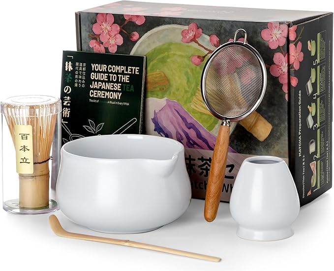 Nucookery Matcha Whisk Set - 5 Pcs Matcha Set with 18oz Ceramic Matcha Bowl (Chawan) with Spout, Bamboo Whisk & Holder, Scoop and Sifter