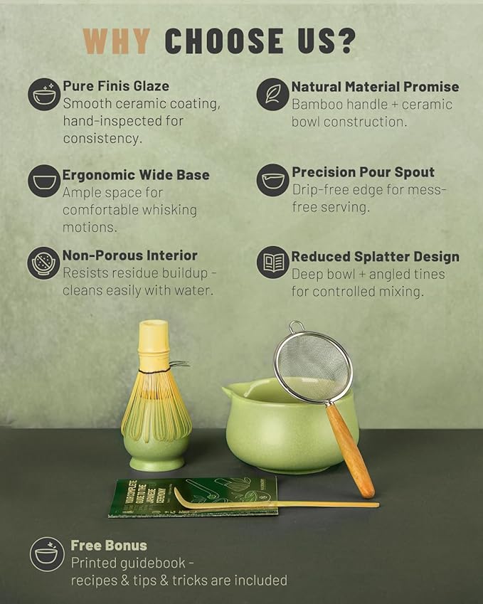 Nucookery Matcha Whisk Set - 5 Pcs Matcha Set with 18oz Ceramic Matcha Bowl (Chawan) with Spout, Bamboo Whisk & Holder, Scoop and Sifter | Complete Matcha Kit for Japanese Tea Ceremony