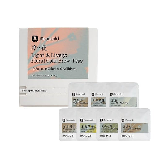 iTeawolrd Floral Cold Brew Tea - Iced Tea Sampler,7 flavors Classic Floral Loose Leaf Teas, Dancong Oolong,Jasmine Green Tea, Makes Cold Brew Iced Drink or Hot - Whole Leaf | 14 Bags (2.47oz)