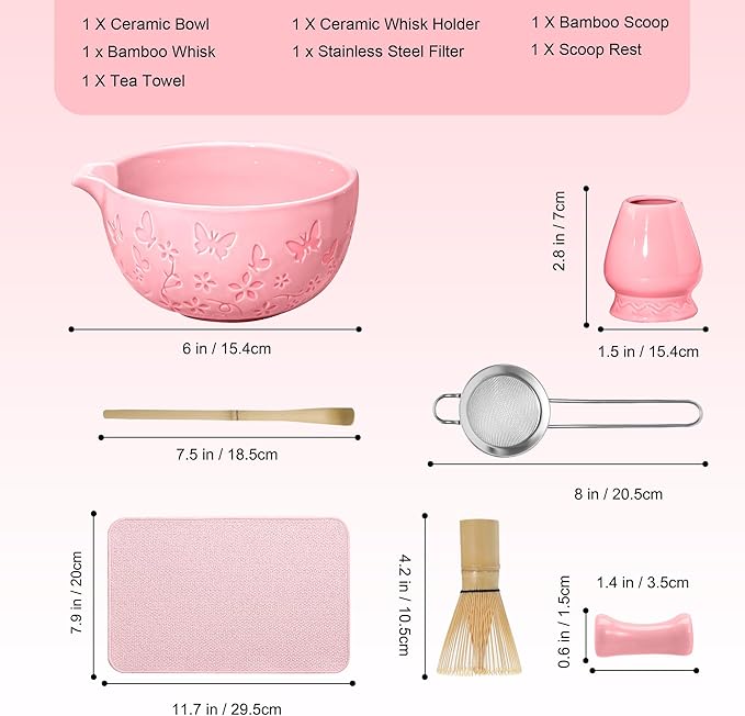 Matcha Whisk Set 7 PCS Matcha Bowl, Matcha Whisk and Holder, Bamboo Scoop and Scoop Rest, Stainless Sifter and Tea Towel Ceramic Matcha Set Japanese Matcha Kit for Matcha Lovers Pink