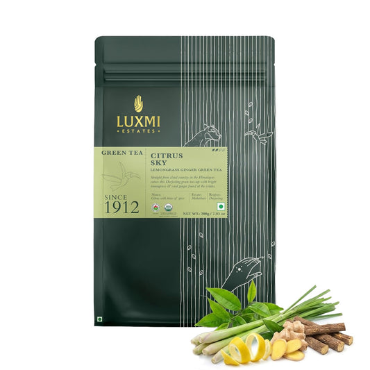 Luxmi Estates Citrus Sky Lemongrass Ginger Green Tea 200g Loose Leaf Pack | Certified Organic Darjeeling Green Tea | Citrus Flavor &amp; Aroma | Natural Lemon Balm Tea - Calming, Supports Digestion | Lemon Grass Leaves | 100 Cups