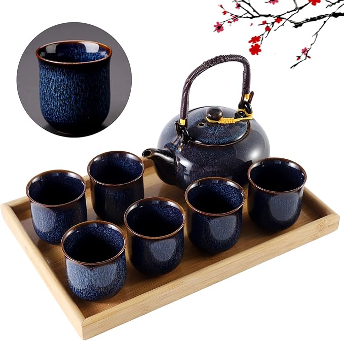DUJUST Japanese Tea Set for 6, Kiln Altered Glaze Porcelain Tea Set with 1 Teapot, 6 Tea Cups & 1 Te