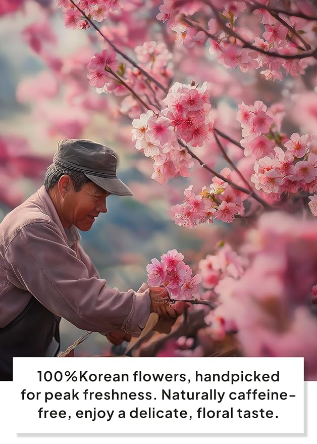 Korean Food, Original Cherry Blossom Flower Tea, Decaf Floral Blend, Fully Natural Flowers, No Caffeine, Sugar Free, Zero Calories, Made in Korea, 10g