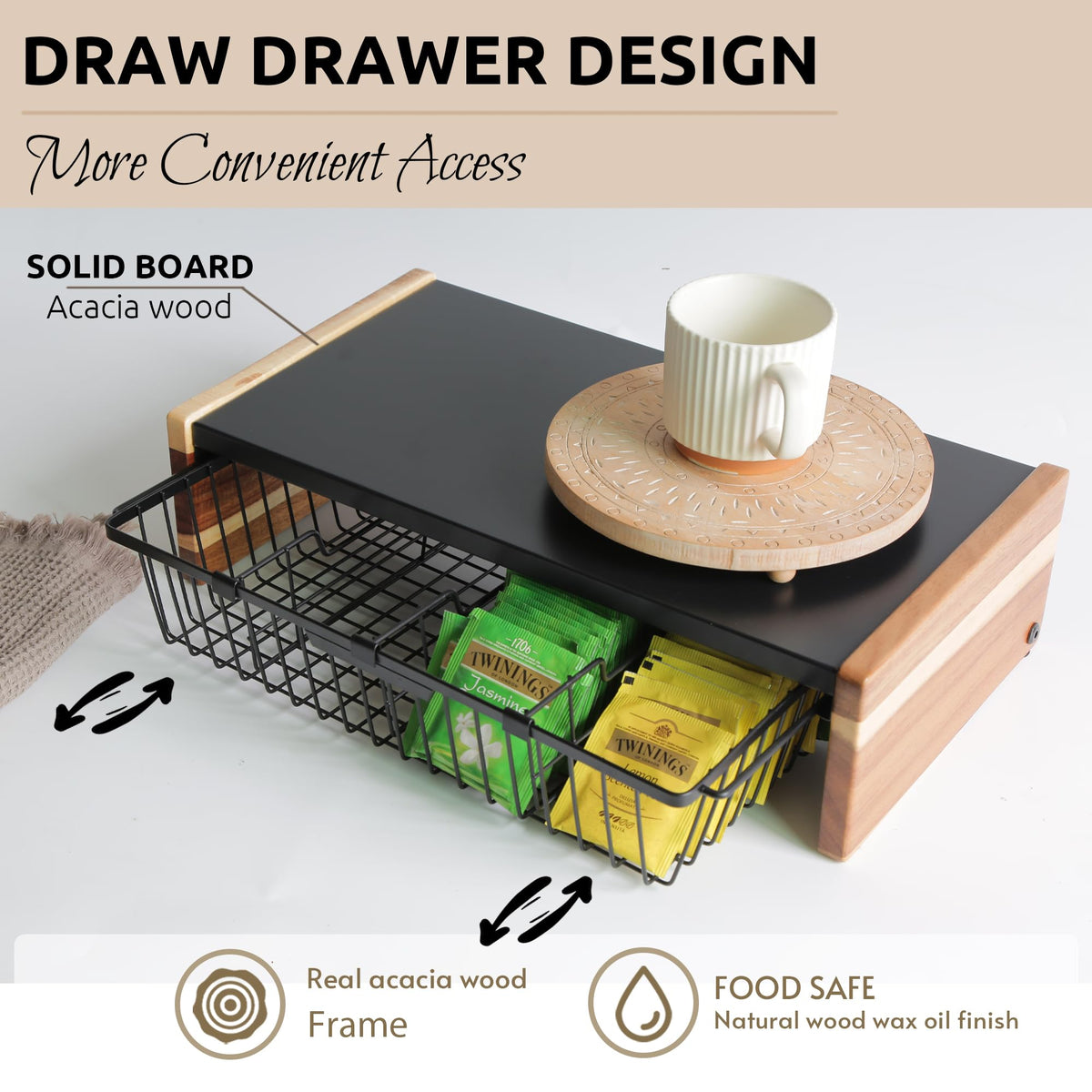 WILDMOS Tea Bag Organizer,Wire Basket Drawer Design for Teabag Holder Container for Countertop,Tea Station Chest Display