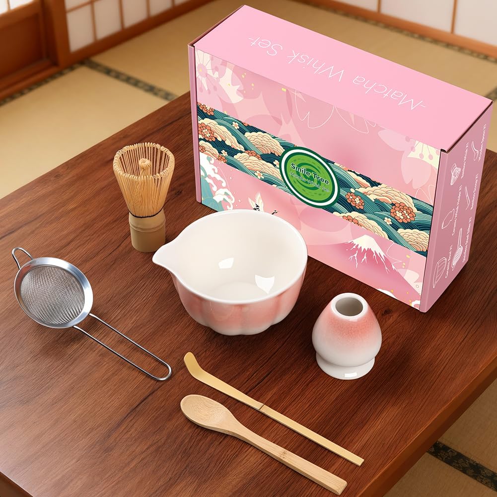 Matcha Whisk Set, 6 PCS Matcha Set-Ceramic Bowl, Matcha Whisk, Whisk Holder, Scoop, Spoon &amp; Sifter, Complete Matcha Ceremony Kit Set (Pink)