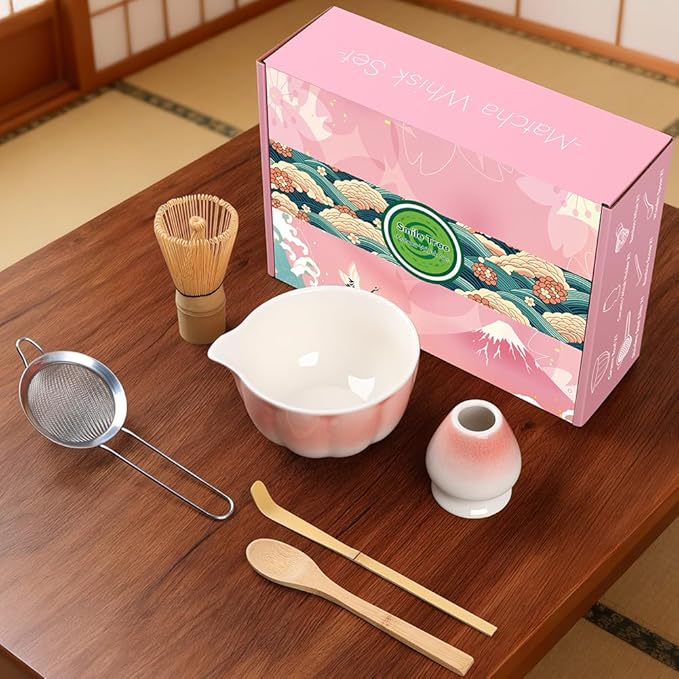 Matcha Whisk Set, 6 PCS Matcha Set-Ceramic Bowl, Matcha Whisk, Whisk Holder, Scoop, Spoon & Sifter, Complete Tea Ceremony Kit Set