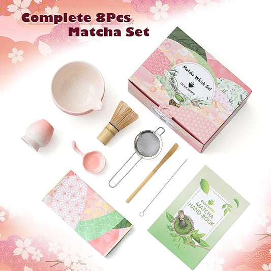 Matcha Tea Set, 8 Pcs Japanese Matcha Kit with Cherry Blossom and Wave Design Ceramic Bowl, Bamboo Whisk, Whisk Holder, Scoop, Sifter, Brush, Matcha Kit Set for Matcha Lovers (Pink Gradient)