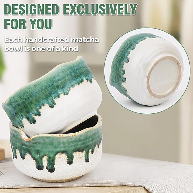 Pottery Matcha Set - Japanese Handcrafted Matcha Tea Bowl Mineral Glaze Bowl with Spout, Bamboo Whisk, Scoop & Chasen Holder