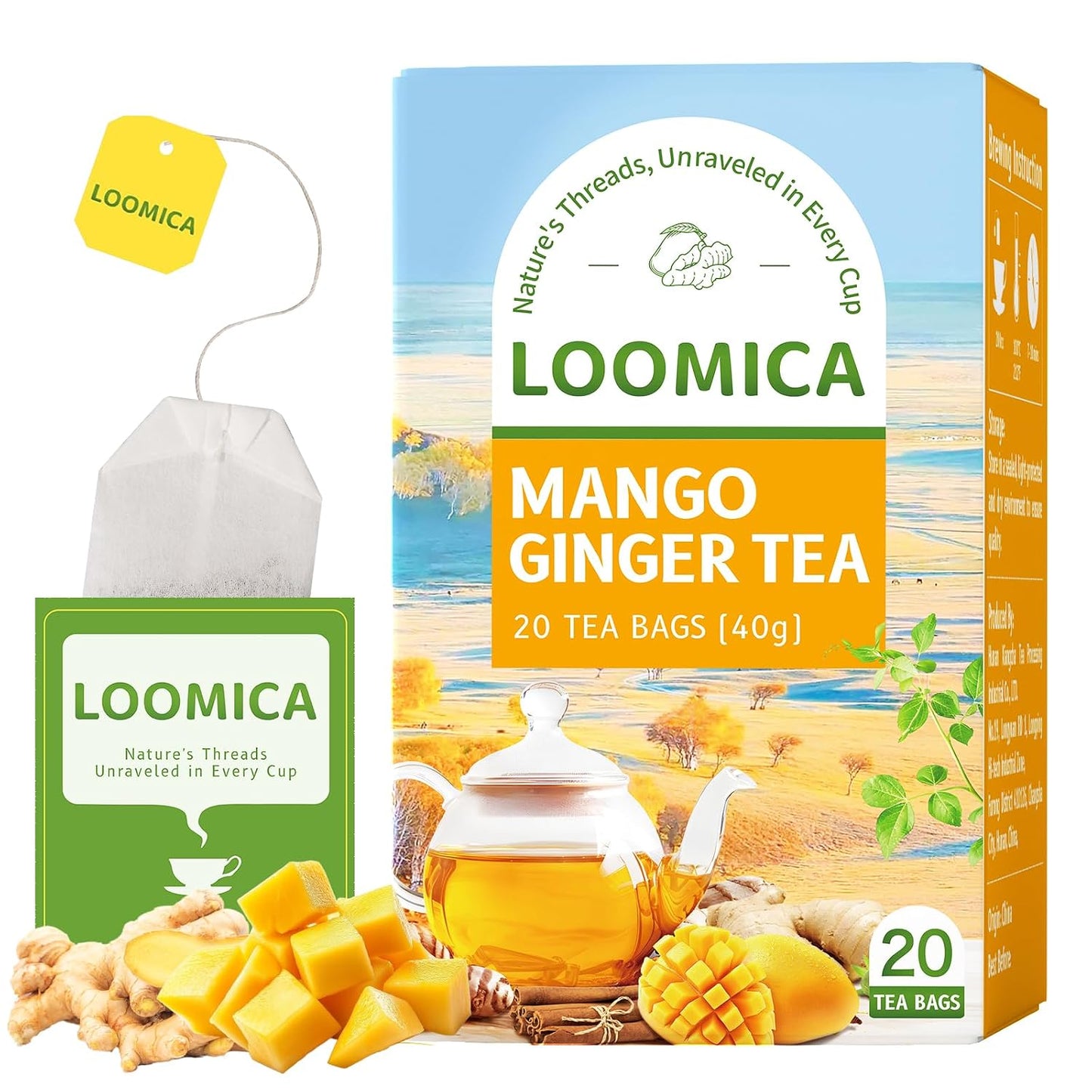 LOOMICA Mango Ginger Tea Bags, Fruity Herbal Blend, 20 Ct | Caffeine-Free, Tropical &amp; Spicy, Smooth Herbal Tea with Ginger, Cardamom &amp; Cinnamon, Individually Wrapped, Daily Refreshment