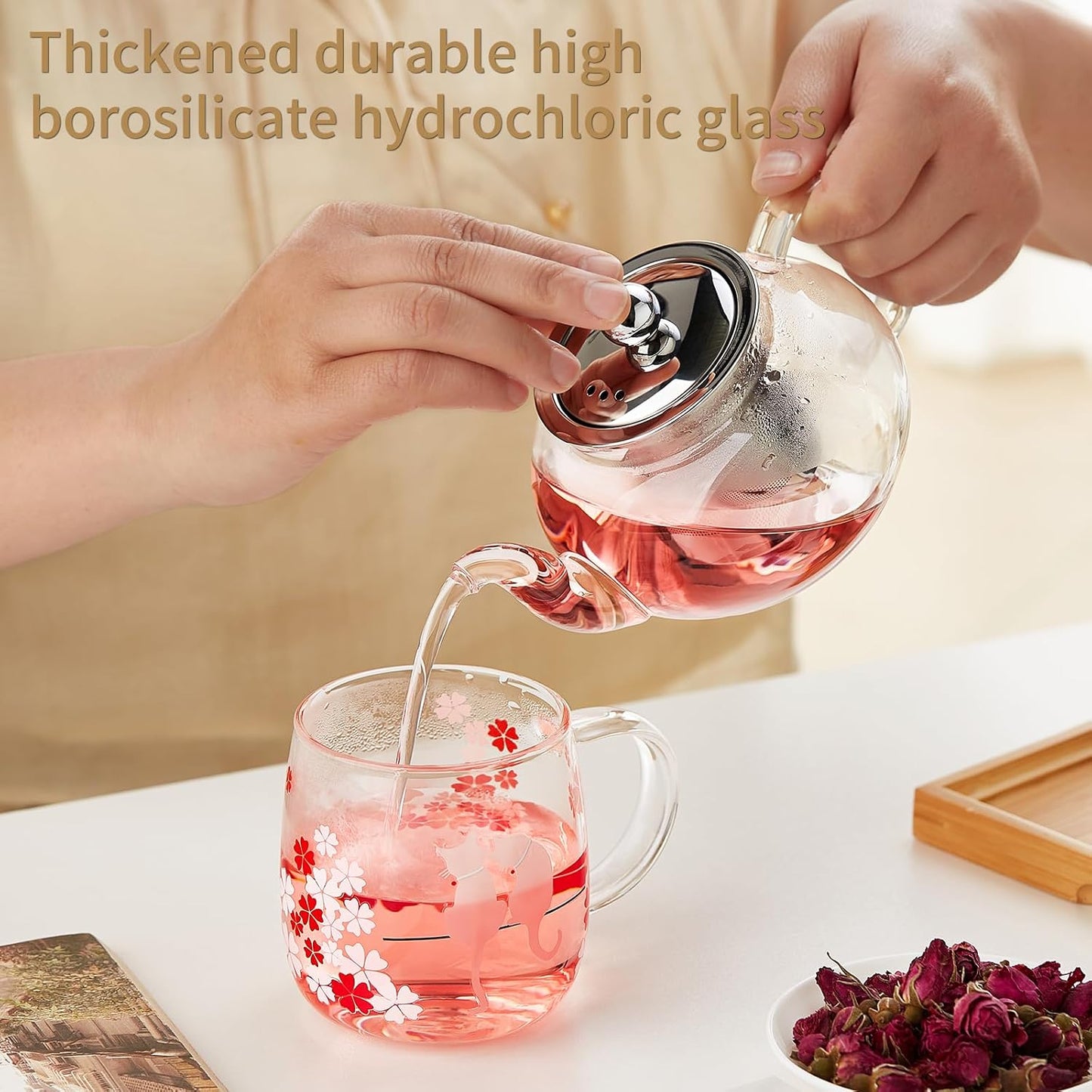 DOPUDO Glass Teapot with Infuser, 20 oz Borosilicate Tea Kettle | Clear borosilicate glass with removable 18/8 steel infuser for stovetop brewing of loose-leaf, herbal, and blooming tea.