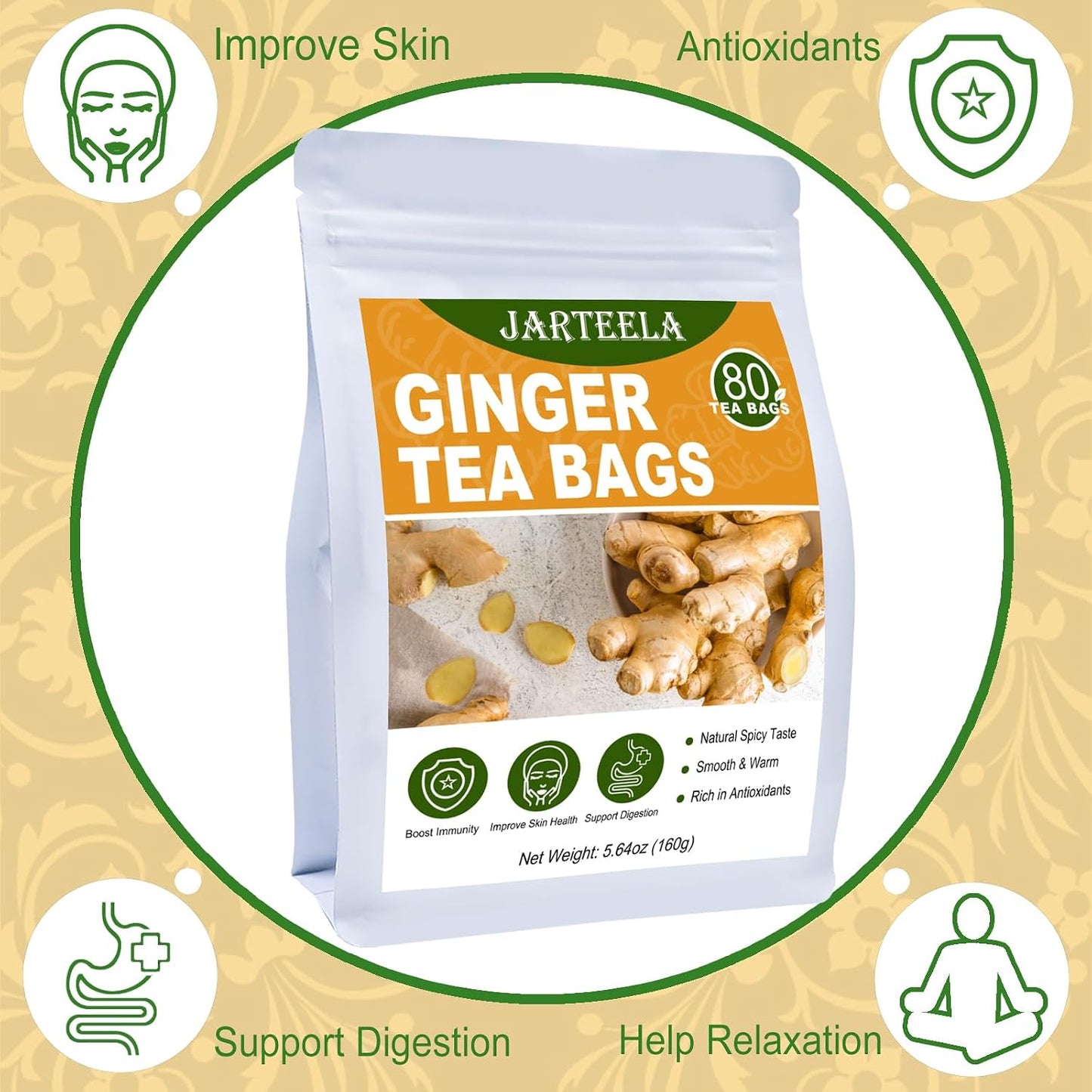 Jarteela - Ginger Tea Bags, 80 Ct, Ginger Root Teabags | Ginger root with warm, spicy notes. Supports gentle digestion and helps maintain healthy-looking skin. Caffeine-free, Non-GMO