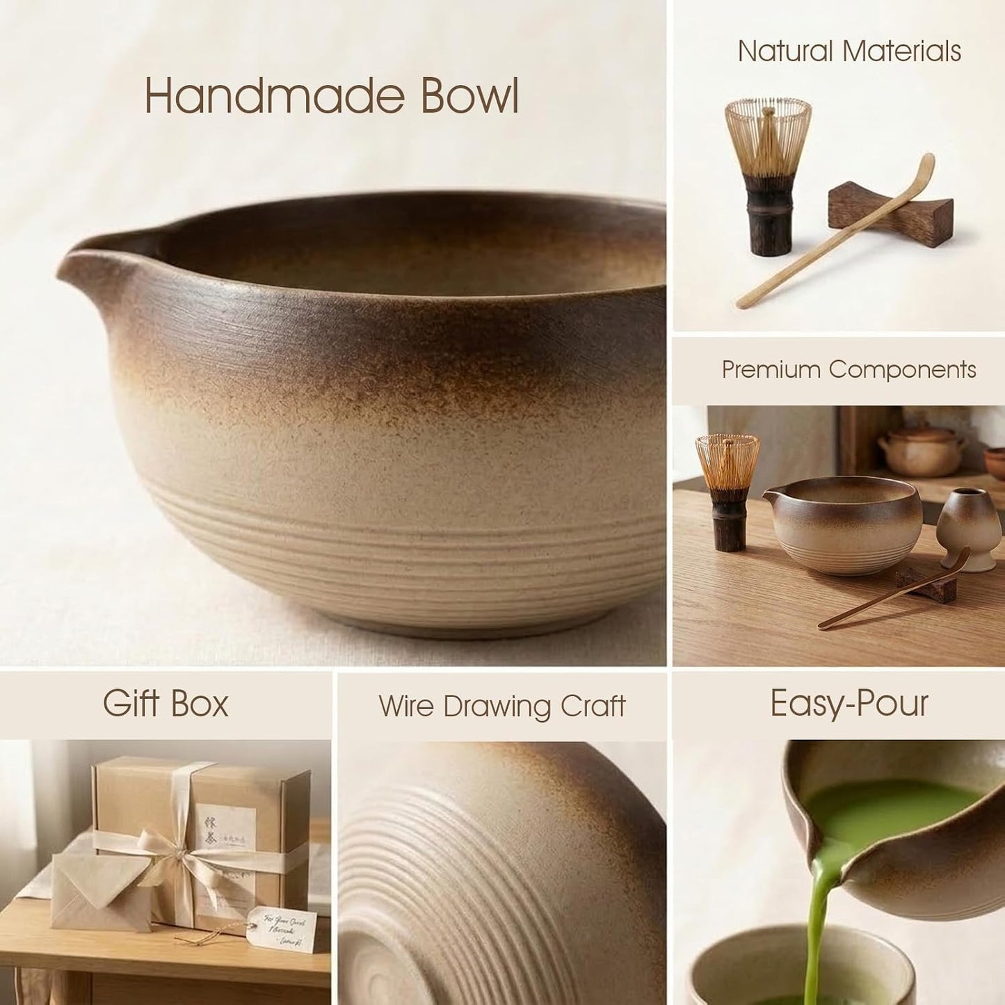 Matcha Set, 5-Piece Matcha Whisk Set with Bowl &amp; 100-Prong Whisk | Rustic Stoneware Texture, Natural Matte Finish, 100-Prong for Creamy Foam, Japanese Tea Ceremony, Gift for Matcha Lovers