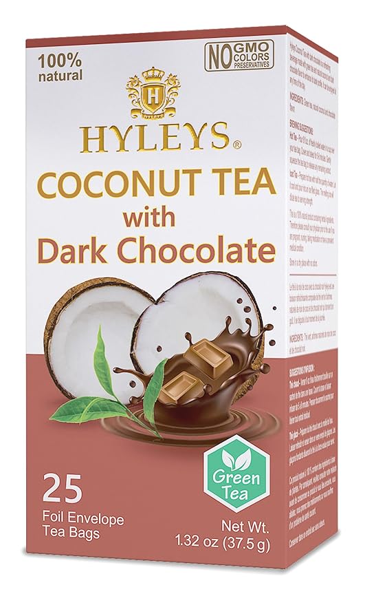 Hyleys Wellness Natural Coconut Tea With Dark Chocolate - 25 Tea Bags (Gmo Free, Gluten Free, Dairy Free, Sugar Free & 100% Natural)