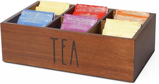 Tea Bag Organizer,Acacia Wood Tea Storage Containers with 6 Compartments, Sugar Packet Holder,Tea Bag Caddy Box for Cabinet Countertop Office (Brown- Labeled "TEA")