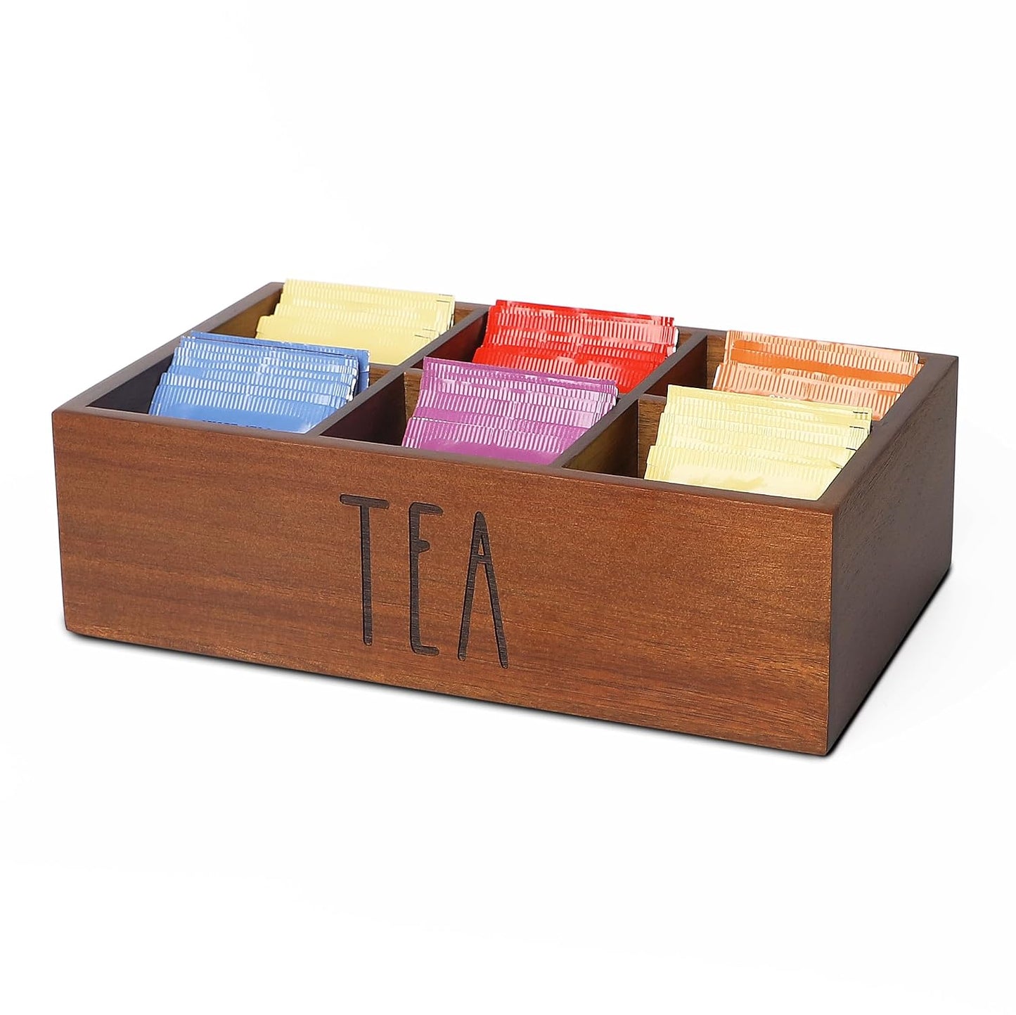 Tea Bag Organizer,Acacia Wood Tea Storage Containers with 6 Compartments, Sugar Packet Holder