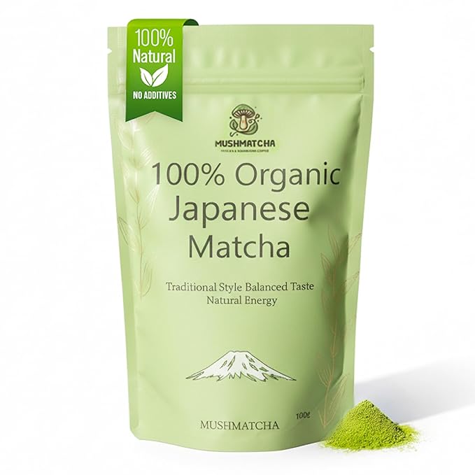 MushMatcha Organic Matcha Powder Grade 6A – Premium Ceremonial Green Tea Concentrate for Lattes, Smoothies & Baking, Pure Jade Leaf Blend, Unsweetened Formula with Smooth Taste, 100g Resealable Pouch
