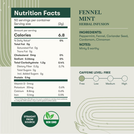 Luxmi Estates Fennel Mint Herbal Tea | Loose Leaf in Resealable Tin Caddy 100g (3.5oz, ~50 Cups) | 5-Herb Ayurvedic Digestive Blend with Fennel, Peppermint, Coriander Seed, Cardamom &amp; Cinnamon, Caffeine-Free