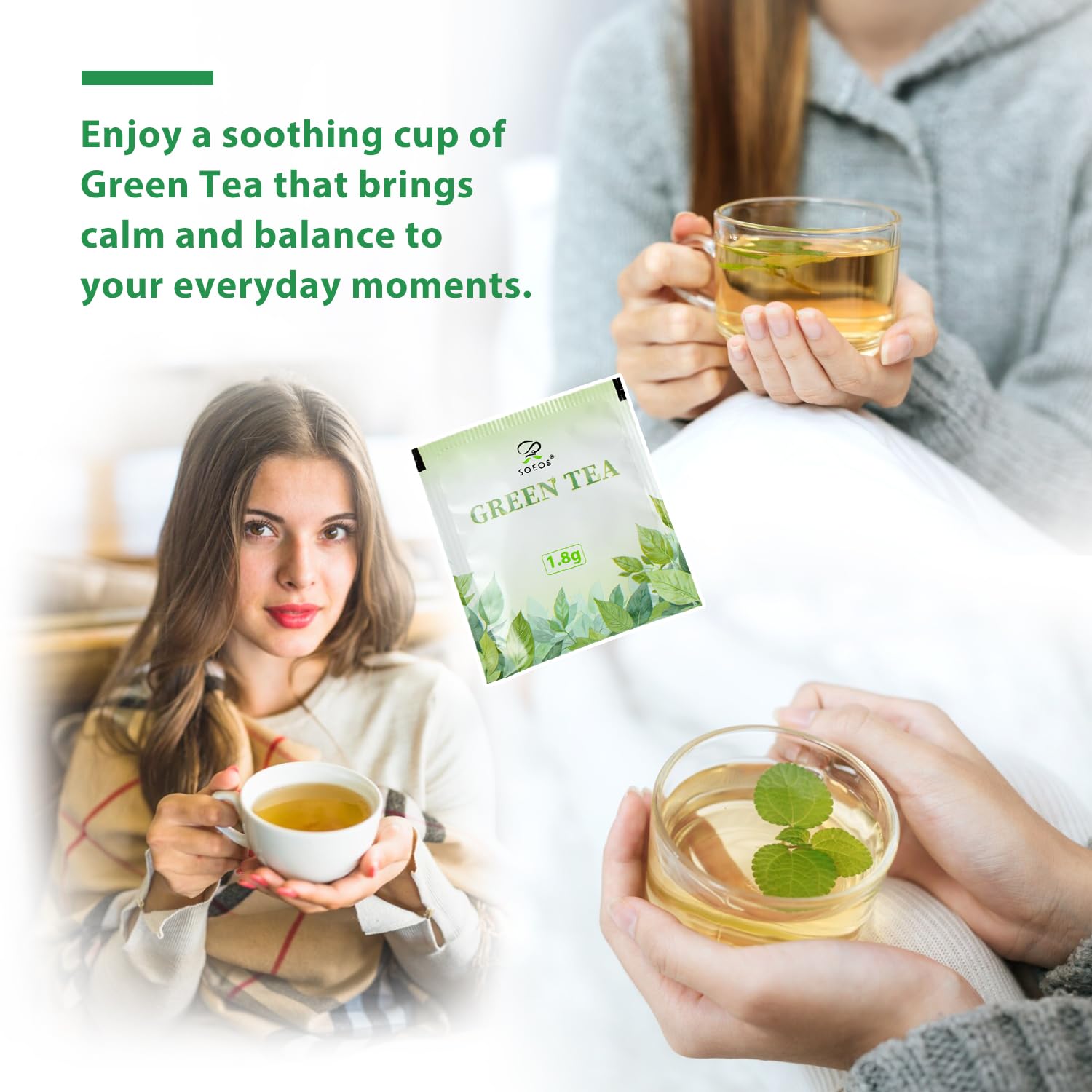 Soeos Green Tea, 6.3 oz (180g), 200 Tea Bags, Pack of 2, Refreshing and Fragrant, Sustainably Sourced, Ideal for Hot or Iced Tea, Long-Lasting Freshness