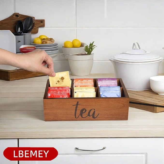 Tea Bag Organizer,Acacia Wood Tea Storage Containers with 6 Compartments, Sugar Packet Holder,Tea Bag Caddy Box for Cabinet Countertop Office (Brown-Labeled "Tea")