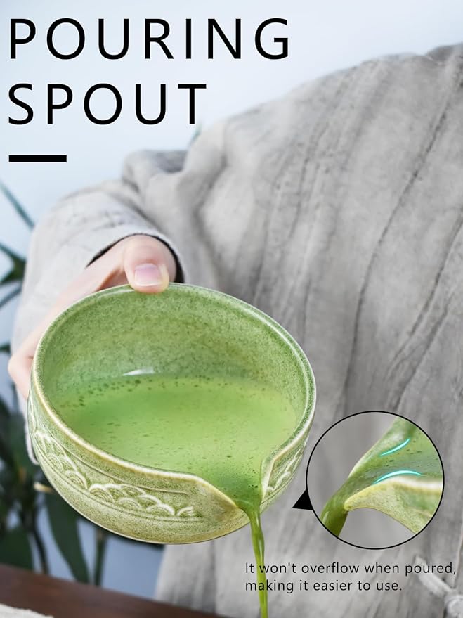 Artcome Matcha Tea Set with Pouring Spout - Green Ceramic Matcha Bowl, Bamboo Whisk, Whisk Holder