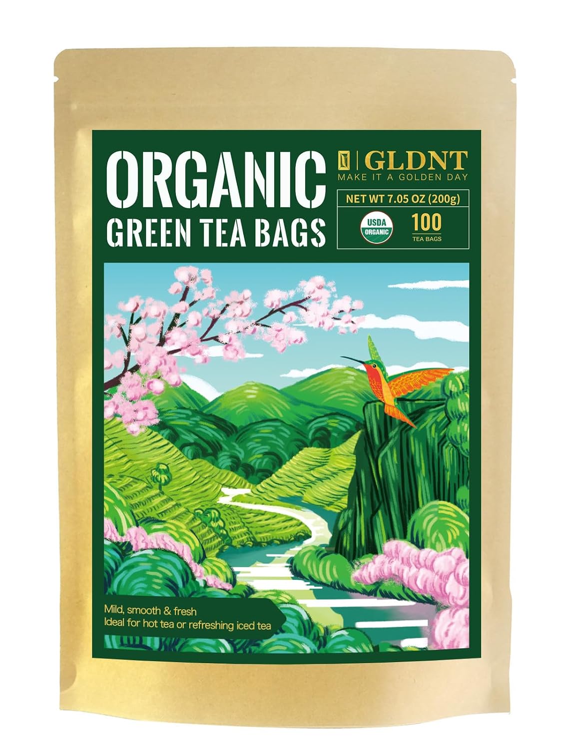 Gldnt Organic Green Tea Bags, Natural Pure Organic Green Tea, Super Antioxidant, Caffeinated, 100 Count