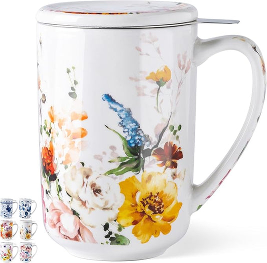 Gbhome Tea Mug with Infuser and Lid, 18 Ounce Large Ceramic Loose Leaf Cup, Microwave, Dishwasher Safe, Perfect For Tea Lovers