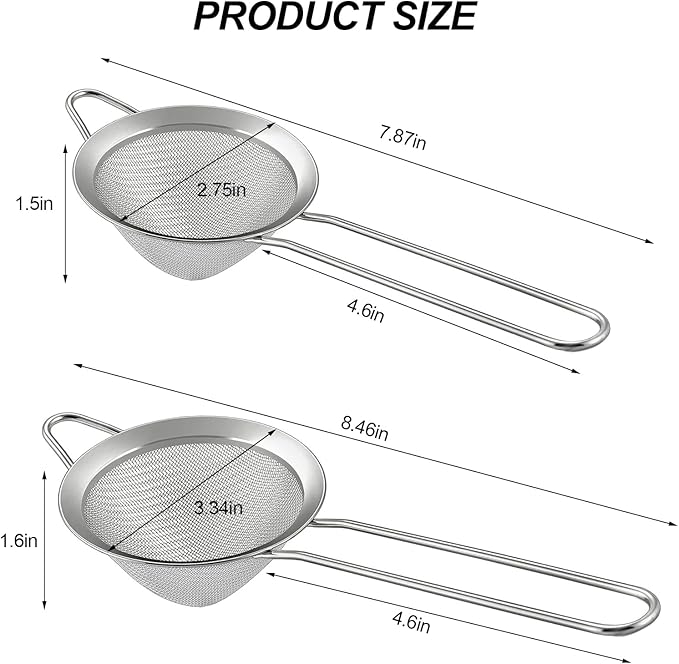 2 Pack Fine Mesh Strainer, Small Stainless Steel Sieves with Handles, for Steeping Loose Leaf Tea, Straining Cocktail, Juice and Sifting Flour