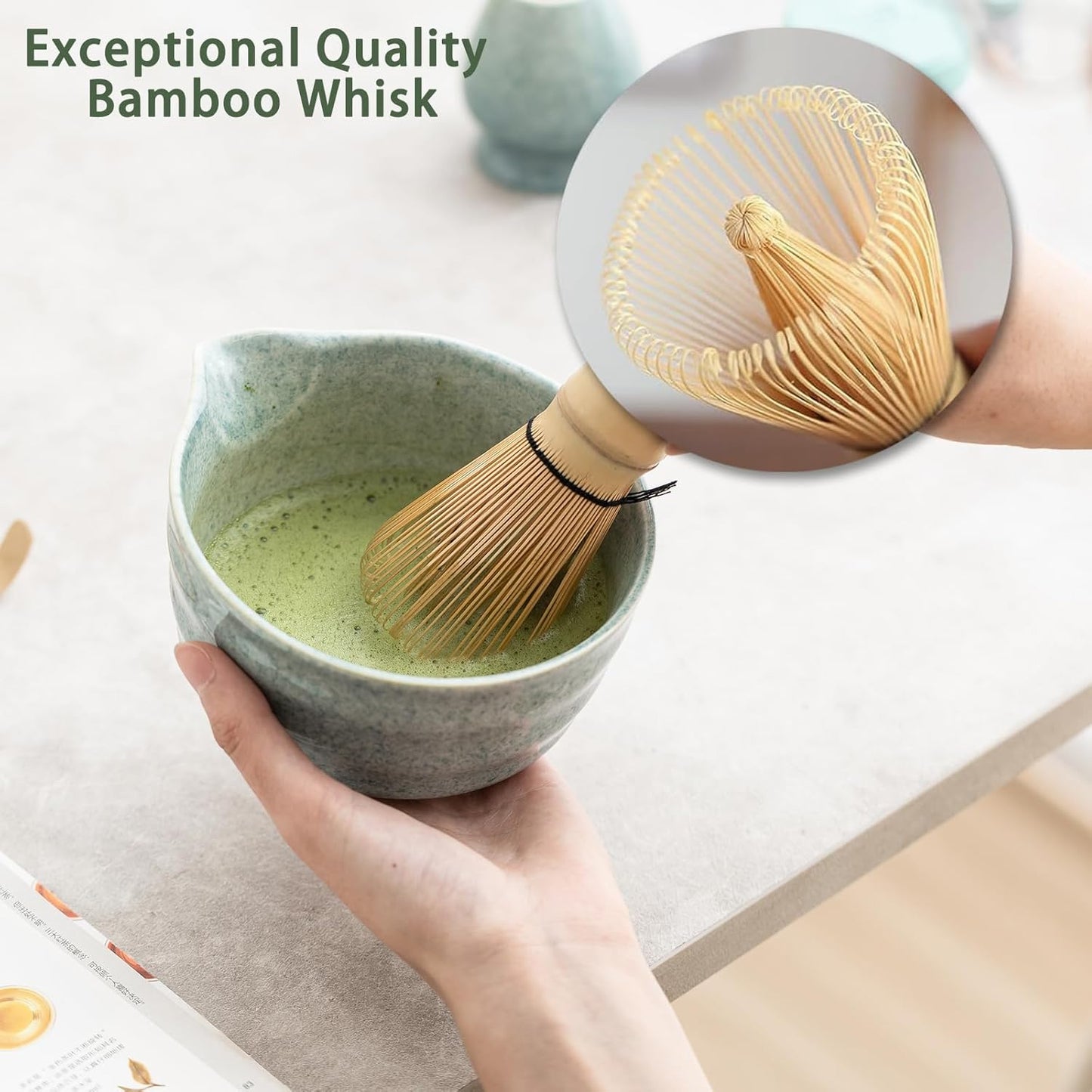 Ochcahser Matcha Set, Matcha Whisk Set Includes 17 oz Matcha Bowl | Matcha Holder, Bamboo Matcha Whisk and Scoop, Sifter, 5 Pce Mottled Blue Glaze Ceramic Matcha Kit for Tea Lovers.