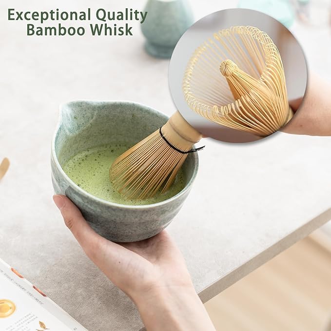 Matcha Kit Set, Matcha Whisk Set Includes Matcha Bowl And Holder, Bamboo Matcha Whisk, Scoop and Matcha Sifter, 17 oz Mottled Blue Glaze Ceramic Matcha Kit for Tea Lovers