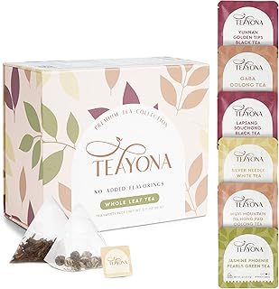 Teayona Premium Tea Variety Pack – 30 Whole Leaf Tea Sachets, 6 Varieties, Sampler (Green, Black, Oolong, White) – Tea Box for Tea Lovers, Tea Gift Set
