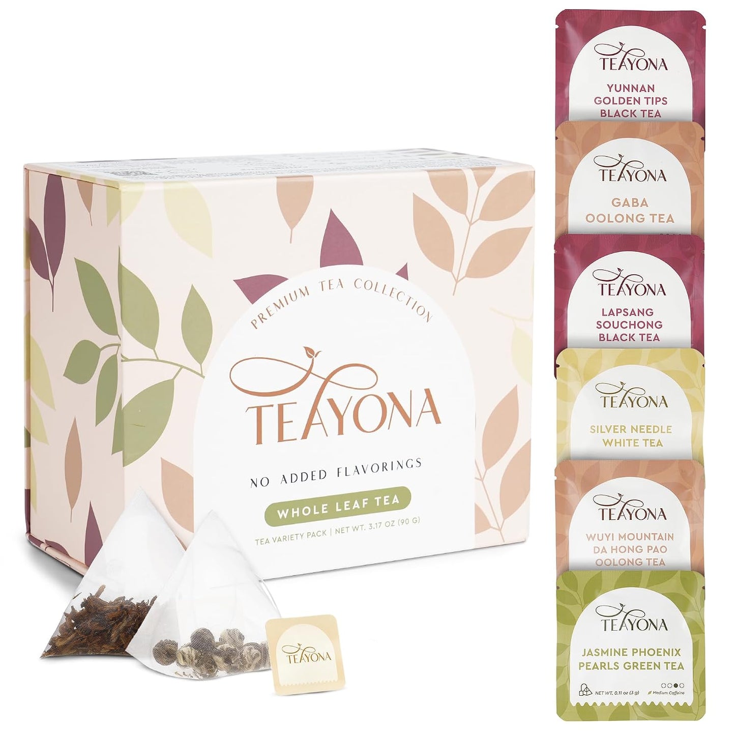 Teayona Premium Tea Variety Pack – 30 Whole Leaf Tea Sachets, 6 Varieties, Sampler (Green, Black, Oolong, White) – Tea Box for Tea Lovers