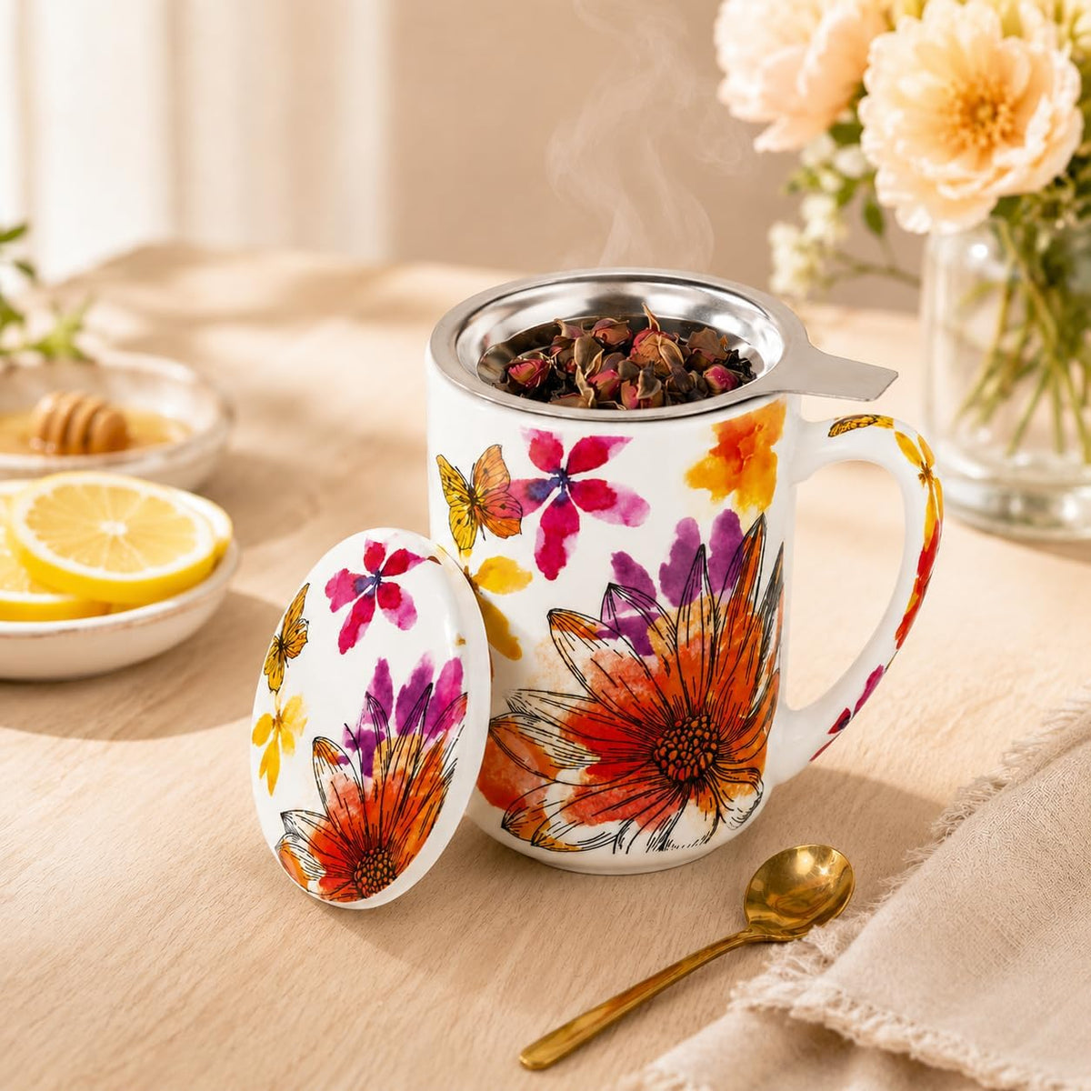 GBhome Tea Mug with Infuser and Lid,18 oz Loose Leaf Tea Cup with Steeper