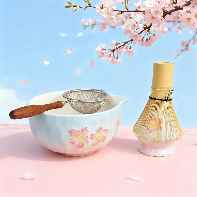 Matcha set with tray 8pcs, Japanese Matcha Kit includes Ceramic Matcha Bowl, Bamboo Matcha Whisk (Chasen), Whisk Holder, Macha Scoop(Chashaku)