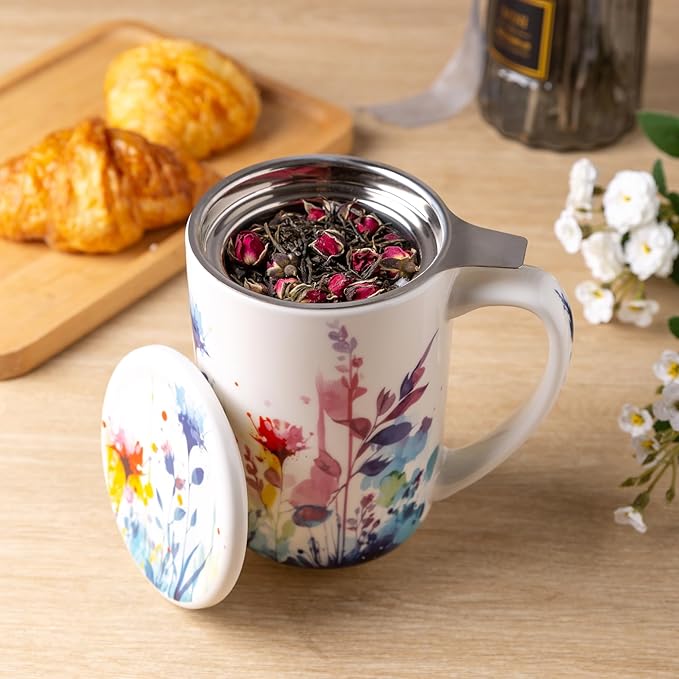 AmorArc Porcelain Tea Mug with Infuser and Lids, 18 Oz Large Cup Strainer with Bag Holder for Loose Leaf Tea