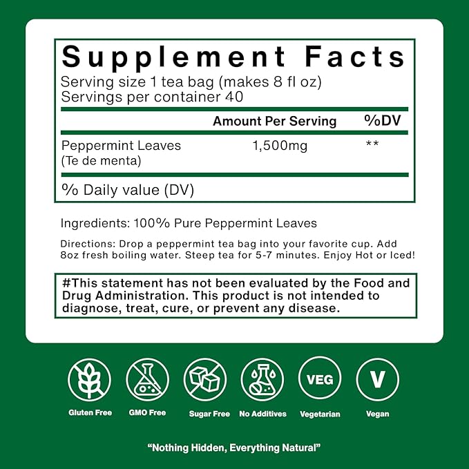 Natured Wellness Peppermint Tea Bags (Te De Menta) – Herbal Tea to Support Digestive Health, Sleep, and Relaxation – with Pure Peppermint Leaves