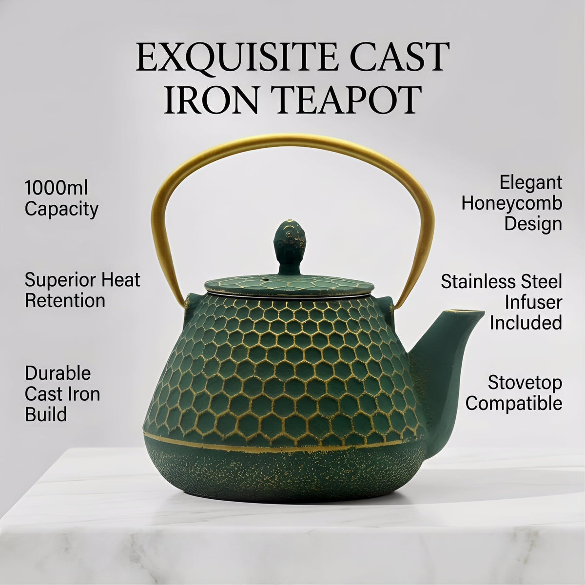 YJX 34oz Cast Iron Tea Kettle for Stovetop, Green Tea Pot for Loose Tea