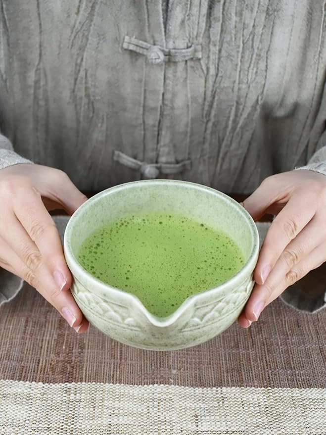 Artcome Matcha Tea Set with Pouring Spout - Green Ceramic Matcha Bowl, Bamboo Whisk, Whisk Holder
