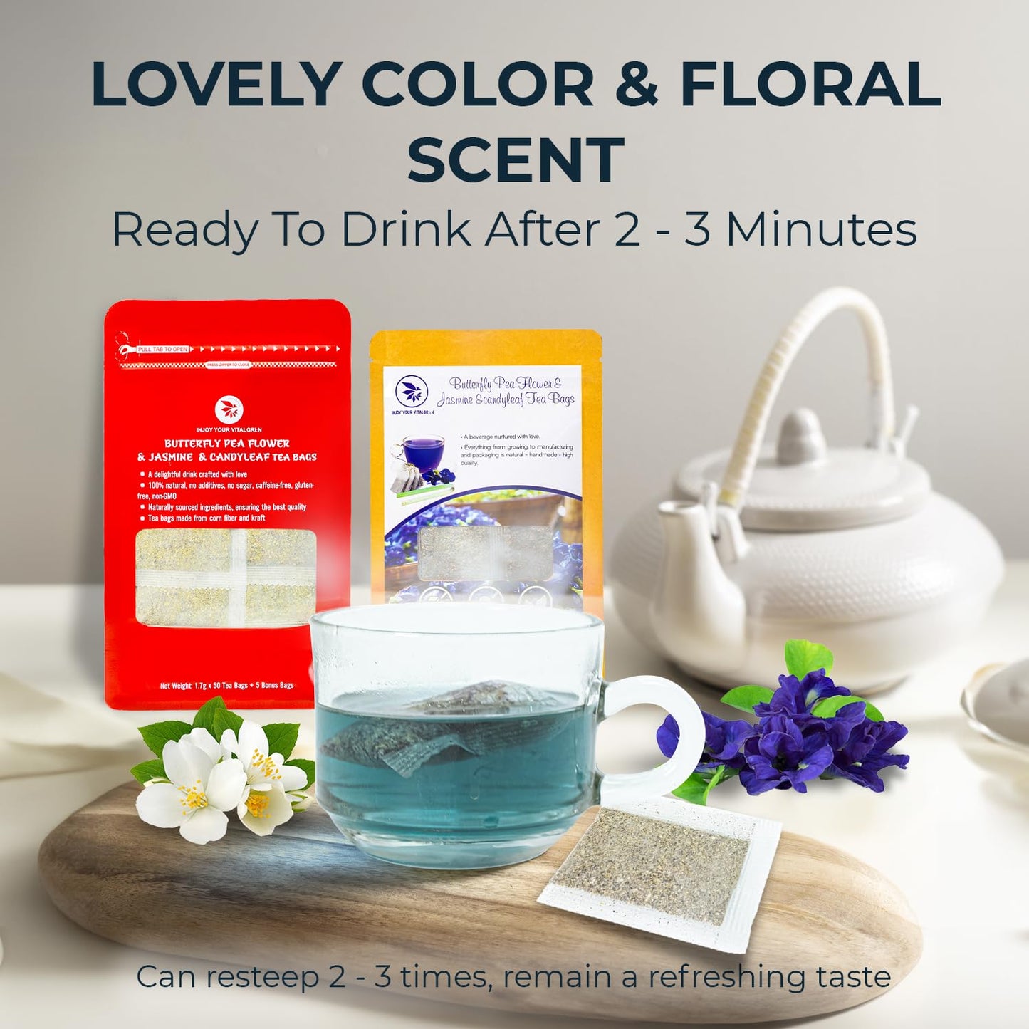Butterfly Pea Flower Tea Samplers, Jasmine &amp; Stevia, 15 Count, 1.02 oz | Mini Tea Bags, Bamboo Tong Included, No Sugar Added, Re-Steep Natural Herbal Tea Blend for Skin,Support