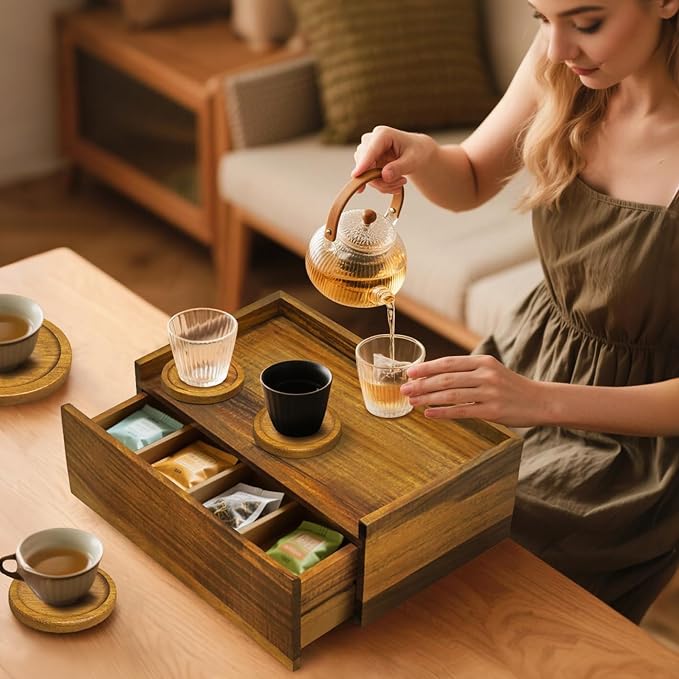 Idefair Acacia Wood Tea Box Organizer Storage Box with 5 Wooden Coasters, Tea Bags Organizer Chest Storage with Drawer, Tea Bag Box for Coffee Teabgs Countertop Display