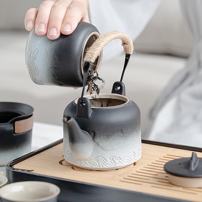 LURRIER Gongfu tea sets, Portable Ceramic TeaSet, Asian Tea sets for adult, Tea Gift sets, Grey leather case, Portable Travel Bag,Home,Gifting,Outdoor and Office(Black and White)