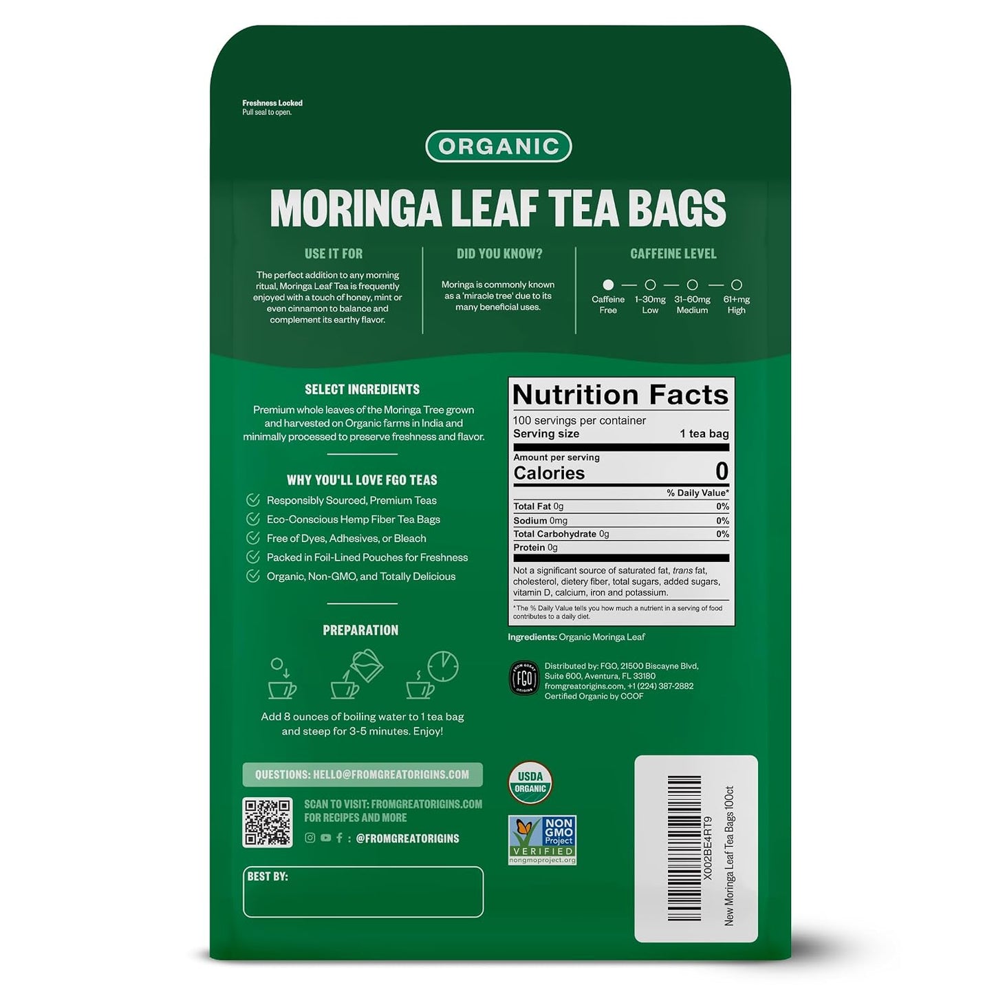 FGO Organic Moringa Tea, 100 Count, Eco-Conscious Tea Bags, Resealable Bag, Caffeine Free, Packaging May Vary (Pack of 1)