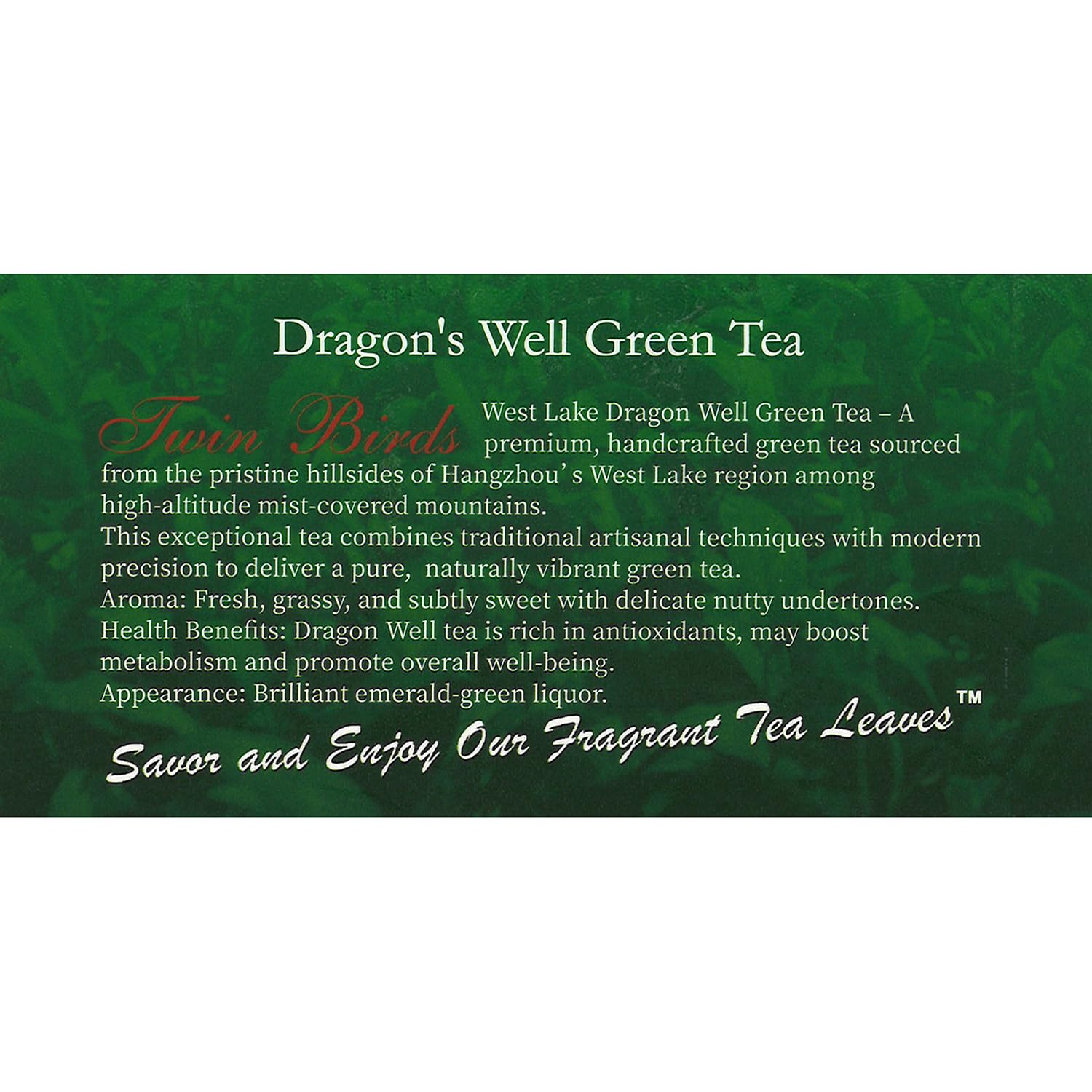 Wing Hop Fung Dragon's Well Green Tea Bags, Premium Handcrafted West Lake Longjing Green Tea, Antioxidant and Wellness Support, Individually Wrapped 100 Tea Bags