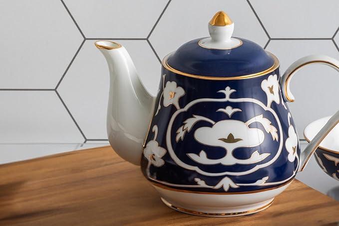 Blue and White Tea Pot - 28 oz. Bone China Teapot with White Vintage Design - Elegant Tea Serving Pot for Kitchen and Gift for Women, Men
