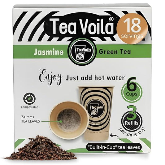 TeaVoila Jasmine Green Tea -Loose Tea Leaves - Built-in Infuser in Biodegradable, Individually Sealed Cups - Up to 3 Refills per Cup - Finest Tea Leaves - USDA Organic - 12oz 6 Count